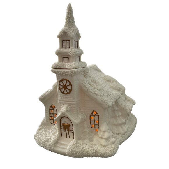 Albert Price Ceramic Snow Capped Church Light Up Decoration White Winter Scene - Picture 1 of 8